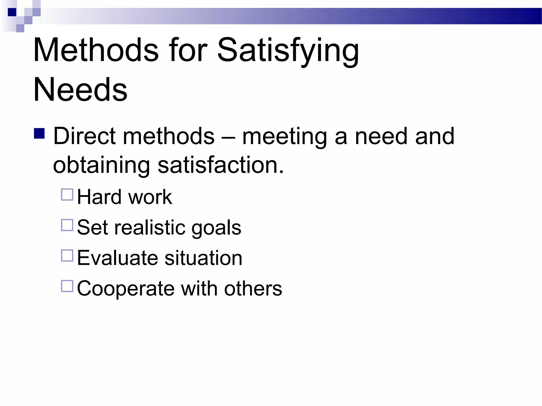Methods for Satisfying
Needs
 Direct methods – meeting a need and
obtaining satisfaction.
Hard work
Set realistic goals
Evaluate situation
Cooperate with others
 