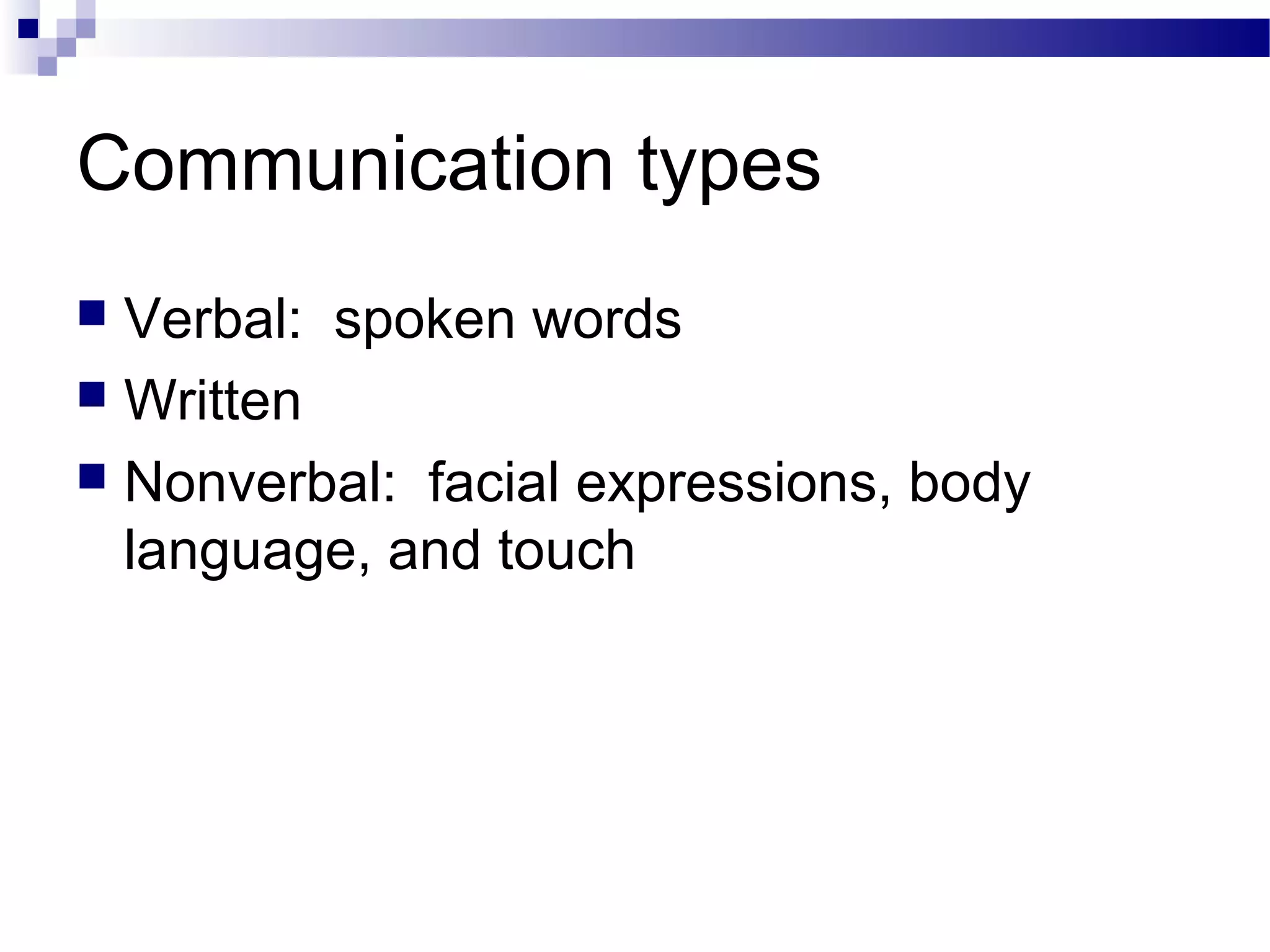 Communication types
 Verbal: spoken words
 Written
 Nonverbal: facial expressions, body
language, and touch
 