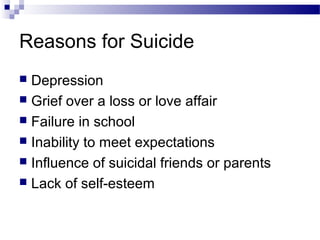 Reasons for Suicide
 Depression
 Grief over a loss or love affair
 Failure in school
 Inability to meet expectations
 Influence of suicidal friends or parents
 Lack of self-esteem
 