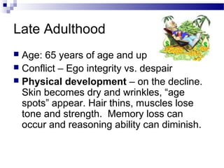 Late Adulthood
 Age: 65 years of age and up
 Conflict – Ego integrity vs. despair
 Physical development – on the decline.
Skin becomes dry and wrinkles, “age
spots” appear. Hair thins, muscles lose
tone and strength. Memory loss can
occur and reasoning ability can diminish.
 