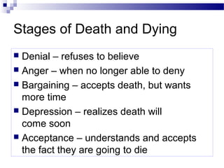 Stages of Death and Dying
 Denial – refuses to believe
 Anger – when no longer able to deny
 Bargaining – accepts death, but wants
more time
 Depression – realizes death will
come soon
 Acceptance – understands and accepts
the fact they are going to die
 