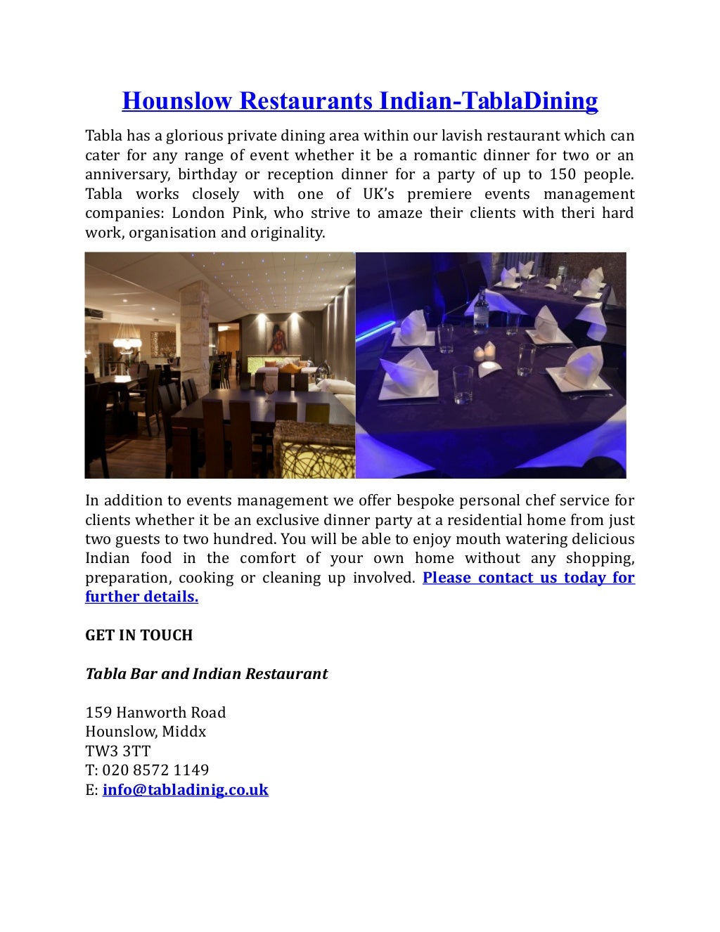 Hounslow Restaurants Indian TablaDining