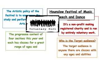 The Artistic policy of the      Hounslow festival of Music
 festival is to encourage the
                                     speech and Dance
study and performance of the               How is it Funded?
                                             How is it Funded?
            Arts.                        It’s a non-profit making
                                       registered charity and is run
                                        by entirely voluntary work.
   The programme content of
   four sections this year and
                                      Who is the Target audience?
  each has classes for a great
        range of ages and                The target audience is
           disabilities.              anyone there are classes with
                                          any ages and abilities
 