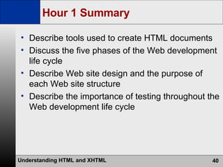 Hour 1 Summary Describe tools used to create HTML documents Discuss the five phases of the Web development life cycle Describe Web site design and the purpose of each Web site structure Describe the importance of testing throughout the Web development life cycle 