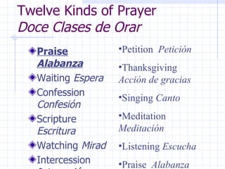 Twelve Kinds of Prayer  Doce Clases de Orar Praise  Alabanza Waiting  Espera Confession  Confesión Scripture  Escritura Watching  Mirad Intercession  Intercesión Petition  Petición Thanksgiving  Acción de gracias Singing  Canto Meditation  Meditación Listening  Escucha Praise  Alabanza 