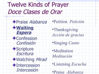 Twelve Kinds of Prayer  Doce Clases de Orar Praise  Alabanza Waiting  Espera Confession  Confesión Scripture  Escritura Watching  Mirad Intercession  Intercesión Petition  Petición Thanksgiving  Acción de gracias Singing  Canto Meditation  Meditación Listening  Escucha Praise  Alabanza 