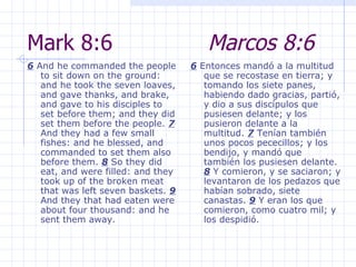 Mark 8:6  Marcos 8:6 6  And he commanded the people to sit down on the ground: and he took the seven loaves, and gave thanks, and brake, and gave to his disciples to set before them; and they did set them before the people.  7  And they had a few small fishes: and he blessed, and commanded to set them also before them.  8  So they did eat, and were filled: and they took up of the broken meat that was left seven baskets.  9  And they that had eaten were about four thousand: and he sent them away.  6  Entonces mandó a la multitud que se recostase en tierra; y tomando los siete panes, habiendo dado gracias, partió, y dio a sus discípulos que pusiesen delante; y los pusieron delante a la multitud.  7  Tenían también unos pocos pececillos; y los bendijo, y mandó que también los pusiesen delante.  8  Y comieron, y se saciaron; y levantaron de los pedazos que habían sobrado, siete canastas.  9  Y eran los que comieron, como cuatro mil; y los despidió. 