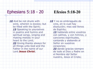 Ephesians 5:18 - 20  Efesios 5:18-20 18  And be not drunk with wine, wherein is excess; but be filled with the Spirit;  19  Speaking to yourselves in psalms and hymns and spiritual songs, singing and making melody in your heart to the Lord;  20  Giving thanks always for all things unto God and the Father in the name of our Lord  Jesus   Christ ; 18  Y no os embriaguéis de vino, en lo cual hay disolución; mas sed llenos de Espíritu; 19  hablando entre vosotros con salmos, y con himnos, y canciones espirituales, cantando y alabando al Señor en vuestros corazones; 20  dando gracias siempre de todo al Dios y Padre en el Nombre del Señor nuestro, Jesús el Cristo; 