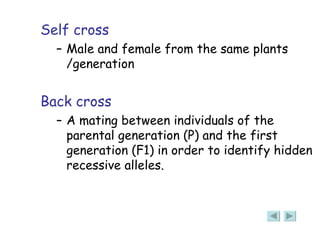 Self cross Male and female from the same plants /generation Back cross A mating between individuals of the parental generation (P) and the first generation (F1) in order to identify hidden recessive alleles. 
