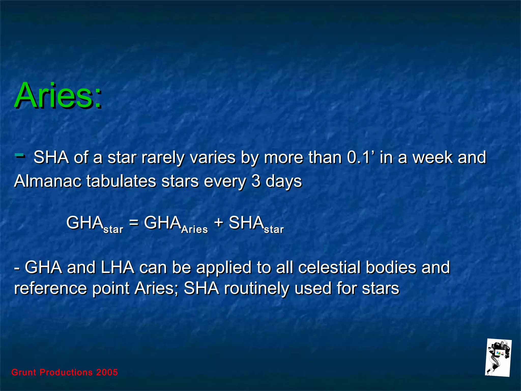 Grunt Productions 2005
Aries:Aries:
-- SHA of a star rarely varies by more than 0.1’ in a week andSHA of a star rarely varies by more than 0.1’ in a week and
Almanac tabulates stars every 3 daysAlmanac tabulates stars every 3 days
GHAGHAstarstar = GHA= GHAAriesAries + SHA+ SHAstarstar
- GHA and LHA can be applied to all celestial bodies and- GHA and LHA can be applied to all celestial bodies and
reference point Aries; SHA routinely used for starsreference point Aries; SHA routinely used for stars
 