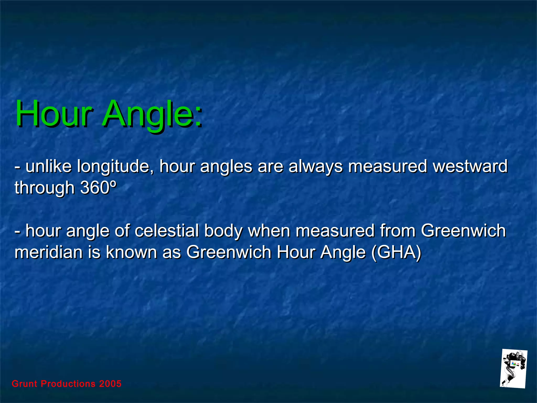 Grunt Productions 2005
Hour Angle:Hour Angle:
- unlike longitude, hour angles are always measured westward- unlike longitude, hour angles are always measured westward
through 360through 360ºº
- hour angle of celestial body when measured from Greenwich- hour angle of celestial body when measured from Greenwich
meridian is known as Greenwich Hour Angle (GHA)meridian is known as Greenwich Hour Angle (GHA)
 