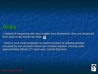 Grunt Productions 2005
Aries:Aries:
- instead of measuring star hour angles from Greenwich, they are measured- instead of measuring star hour angles from Greenwich, they are measured
from point in sky known as Ariesfrom point in sky known as Aries ( )( )
- Aries is hour circle projected on earth’s surface of celestial position- Aries is hour circle projected on earth’s surface of celestial position
occupied by sun at exact instant sun crosses equator, moving north,occupied by sun at exact instant sun crosses equator, moving north,
approximately March 21approximately March 21stst
each year (Vernal Equinox)each year (Vernal Equinox)
 