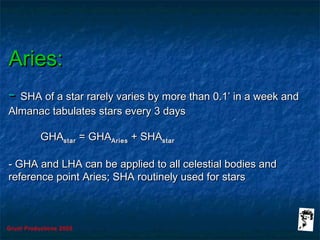 Grunt Productions 2005
Aries:Aries:
-- SHA of a star rarely varies by more than 0.1’ in a week andSHA of a star rarely varies by more than 0.1’ in a week and
Almanac tabulates stars every 3 daysAlmanac tabulates stars every 3 days
GHAGHAstarstar = GHA= GHAAriesAries + SHA+ SHAstarstar
- GHA and LHA can be applied to all celestial bodies and- GHA and LHA can be applied to all celestial bodies and
reference point Aries; SHA routinely used for starsreference point Aries; SHA routinely used for stars
 