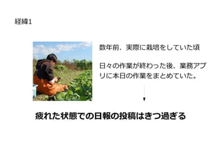 経緯1
数年前、実際に栽培をしていた頃
日々の作業が終わった後、業務アプ
リに本日の作業をまとめていた。
疲れた状態での日報の投稿はきつ過ぎる
日々の作業が終わった後、業務アプ
リに本日の作業をまとめていた。
 