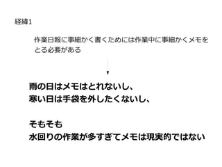 経緯1
作業日報に事細かく書くためには作業中に事細かくメモを
とる必要がある
雨の日はメモはとれないし、
寒い日は手袋を外したくないし、
そもそも
水回りの作業が多すぎてメモは現実的ではない
 