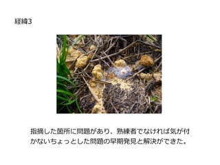 指摘した箇所に問題があり、熟練者でなければ気が付
かないちょっとした問題の早期発見と解決ができた。
経緯3
 