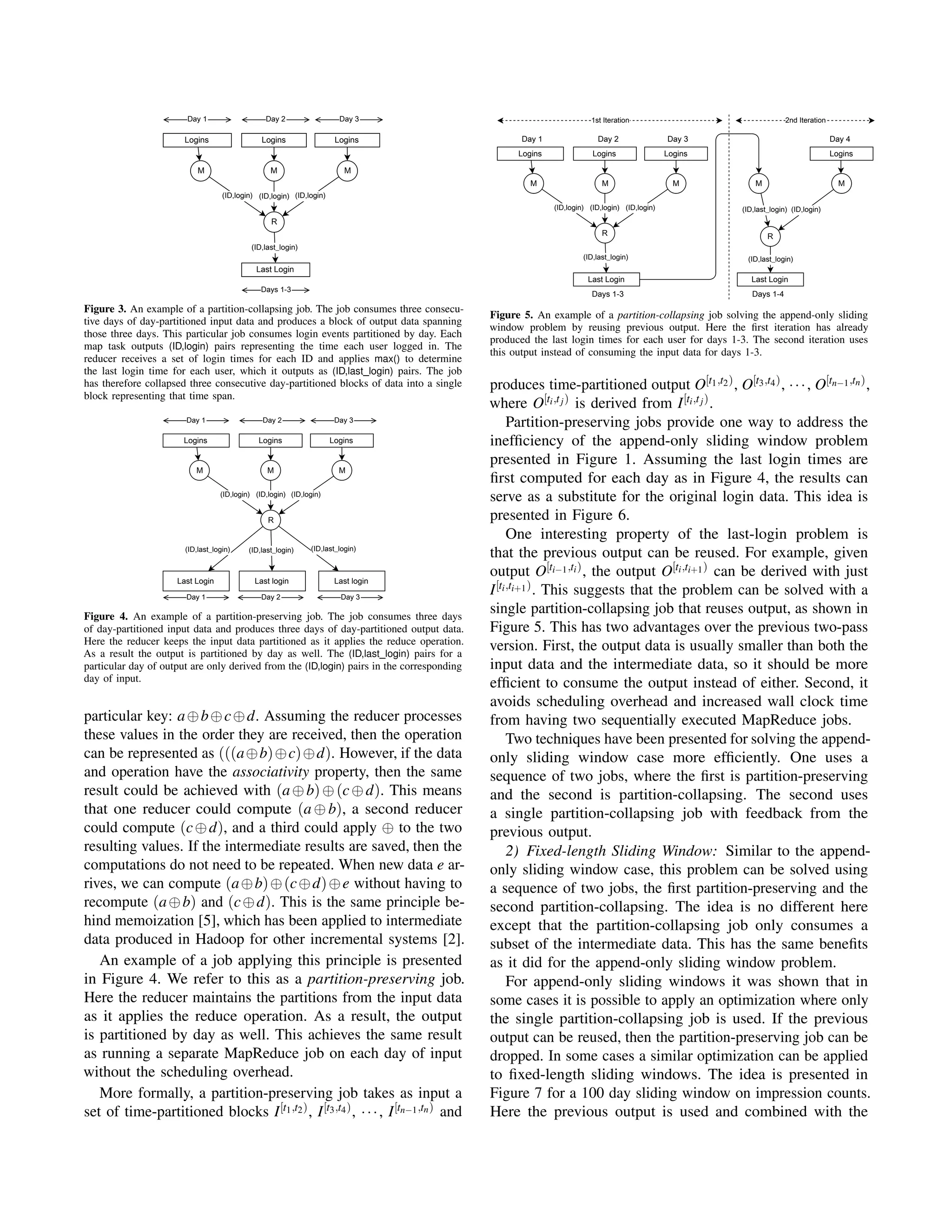 Logins
Day 1
Logins
Day 2
Logins
Day 3
Last Login
Days 1-3
M M M
R
(ID,login) (ID,login) (ID,login)
(ID,last_login)
Figure 3. An example of a partition-collapsing job. The job consumes three consecu-
tive days of day-partitioned input data and produces a block of output data spanning
those three days. This particular job consumes login events partitioned by day. Each
map task outputs (ID,login) pairs representing the time each user logged in. The
reducer receives a set of login times for each ID and applies max() to determine
the last login time for each user, which it outputs as (ID,last login) pairs. The job
has therefore collapsed three consecutive day-partitioned blocks of data into a single
block representing that time span.
Logins
Day 1
Logins
Day 2
Logins
Day 3
Last login
M M M
R
(ID,login) (ID,login) (ID,login)
(ID,last_login)
Last loginLast Login
(ID,last_login)(ID,last_login)
Day 1 Day 2 Day 3
Figure 4. An example of a partition-preserving job. The job consumes three days
of day-partitioned input data and produces three days of day-partitioned output data.
Here the reducer keeps the input data partitioned as it applies the reduce operation.
As a result the output is partitioned by day as well. The (ID,last login) pairs for a
particular day of output are only derived from the (ID,login) pairs in the corresponding
day of input.
particular key: a⊕b⊕c⊕d. Assuming the reducer processes
these values in the order they are received, then the operation
can be represented as (((a⊕b)⊕c)⊕d). However, if the data
and operation have the associativity property, then the same
result could be achieved with (a⊕b)⊕(c⊕d). This means
that one reducer could compute (a ⊕ b), a second reducer
could compute (c⊕d), and a third could apply ⊕ to the two
resulting values. If the intermediate results are saved, then the
computations do not need to be repeated. When new data e ar-
rives, we can compute (a⊕b)⊕(c⊕d)⊕e without having to
recompute (a⊕b) and (c⊕d). This is the same principle be-
hind memoization [5], which has been applied to intermediate
data produced in Hadoop for other incremental systems [2].
An example of a job applying this principle is presented
in Figure 4. We refer to this as a partition-preserving job.
Here the reducer maintains the partitions from the input data
as it applies the reduce operation. As a result, the output
is partitioned by day as well. This achieves the same result
as running a separate MapReduce job on each day of input
without the scheduling overhead.
More formally, a partition-preserving job takes as input a
set of time-partitioned blocks I[t1,t2), I[t3,t4), ···, I[tn−1,tn) and
Logins Logins Logins
Last Login Last Login
Logins
R
M
(ID,login)
(ID,last_login)
M
(ID,last_login)
M M M
R
(ID,login) (ID,login) (ID,login)
(ID,last_login)
Day 1 Day 2 Day 3 Day 4
Days 1-3 Days 1-4
1st Iteration 2nd Iteration
Figure 5. An example of a partition-collapsing job solving the append-only sliding
window problem by reusing previous output. Here the ﬁrst iteration has already
produced the last login times for each user for days 1-3. The second iteration uses
this output instead of consuming the input data for days 1-3.
produces time-partitioned output O[t1,t2), O[t3,t4), ···, O[tn−1,tn),
where O[ti,tj) is derived from I[ti,tj).
Partition-preserving jobs provide one way to address the
inefﬁciency of the append-only sliding window problem
presented in Figure 1. Assuming the last login times are
ﬁrst computed for each day as in Figure 4, the results can
serve as a substitute for the original login data. This idea is
presented in Figure 6.
One interesting property of the last-login problem is
that the previous output can be reused. For example, given
output O[ti−1,ti), the output O[ti,ti+1) can be derived with just
I[ti,ti+1). This suggests that the problem can be solved with a
single partition-collapsing job that reuses output, as shown in
Figure 5. This has two advantages over the previous two-pass
version. First, the output data is usually smaller than both the
input data and the intermediate data, so it should be more
efﬁcient to consume the output instead of either. Second, it
avoids scheduling overhead and increased wall clock time
from having two sequentially executed MapReduce jobs.
Two techniques have been presented for solving the append-
only sliding window case more efﬁciently. One uses a
sequence of two jobs, where the ﬁrst is partition-preserving
and the second is partition-collapsing. The second uses
a single partition-collapsing job with feedback from the
previous output.
2) Fixed-length Sliding Window: Similar to the append-
only sliding window case, this problem can be solved using
a sequence of two jobs, the ﬁrst partition-preserving and the
second partition-collapsing. The idea is no different here
except that the partition-collapsing job only consumes a
subset of the intermediate data. This has the same beneﬁts
as it did for the append-only sliding window problem.
For append-only sliding windows it was shown that in
some cases it is possible to apply an optimization where only
the single partition-collapsing job is used. If the previous
output can be reused, then the partition-preserving job can be
dropped. In some cases a similar optimization can be applied
to ﬁxed-length sliding windows. The idea is presented in
Figure 7 for a 100 day sliding window on impression counts.
Here the previous output is used and combined with the
 