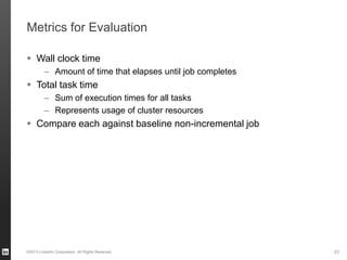 Metrics for Evaluation
 Wall clock time
– Amount of time that elapses until job completes
 Total task time
– Sum of execution times for all tasks
– Represents usage of cluster resources
 Compare each against baseline non-incremental job
©2013 LinkedIn Corporation. All Rights Reserved. 23
 