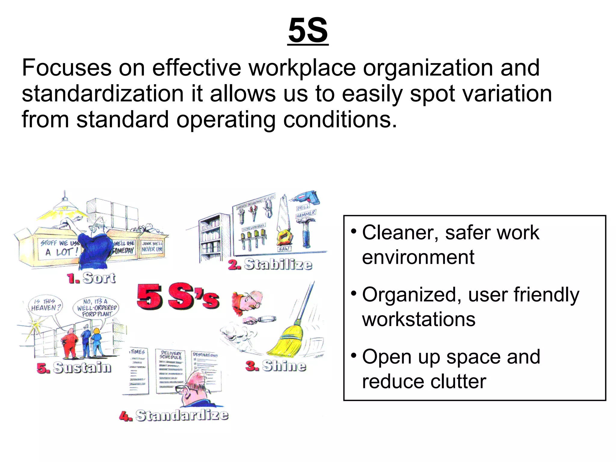 5S Focuses on effective workplace organization and standardization it allows us to easily spot variation from standard operating conditions. Cleaner, safer work environment Organized, user friendly workstations Open up space and reduce clutter 