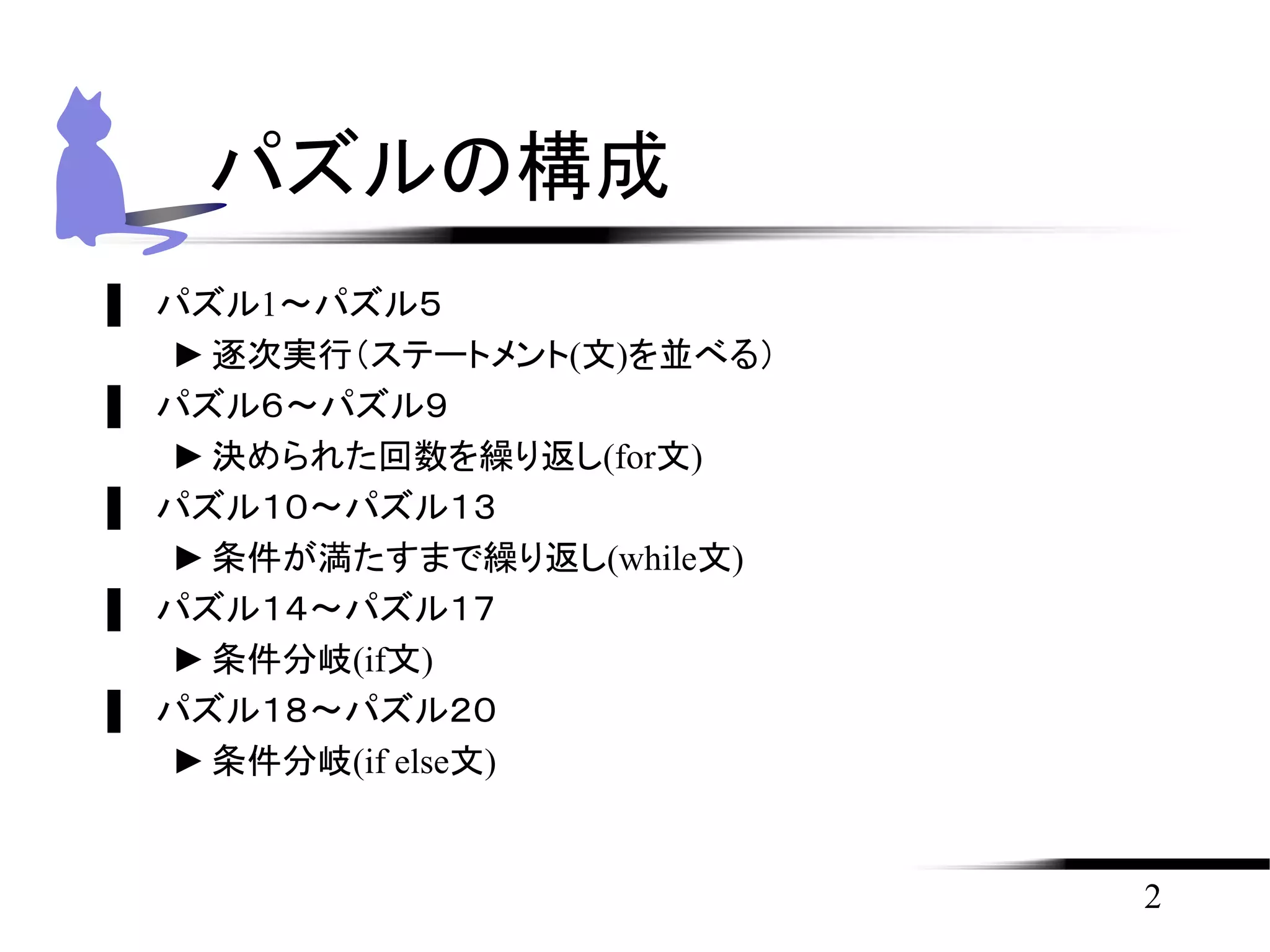 ▌ パズル1～パズル５
►逐次実行（ステートメント(文)を並べる）
▌ パズル６～パズル９
►決められた回数を繰り返し(for文)
▌ パズル１０～パズル１３
►条件が満たすまで繰り返し(while文)
▌ パズル１４～パズル１７
►条件分岐(if文)
▌ パズル１８～パズル２０
►条件分岐(if else文)
2
パズルの構成
 