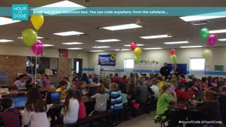 Break out of the classroom box. You can code anywhere, from the cafeteria...
#HourofCode @TeachCode
 