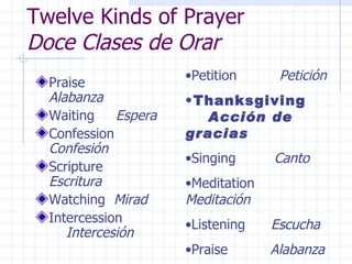 Twelve Kinds of Prayer  Doce Clases de Orar Praise  Alabanza Waiting  Espera Confession  Confesión Scripture  Escritura Watching  Mirad Intercession  Intercesión Petition  Petición Thanksgiving  Acción de gracias Singing  Canto Meditation  Meditación Listening  Escucha Praise  Alabanza 