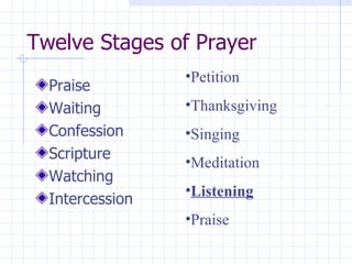 Twelve Stages of Prayer Praise Waiting Confession Scripture Watching Intercession Petition Thanksgiving Singing Meditation Listening Praise 