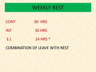 WEEKLY REST
CONT 30 HRS
INT 30 HRS
E.I. 24 HRS *
COMBINATION OF LEAVE WITH REST
 
