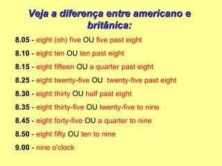 Veja a diferença entre americano e britânica: 8.05  -  eight (oh) five  OU  five past eight 8.10  -  eight ten  OU  ten past eight 8.15  -  eight fifteen  OU  a quarter past eight 8.25  -  eight twenty-five  OU   twenty-five past eight 8.30  -  eight thirty  OU  half   past eight 8.35  -  eight thirty-five  OU  twenty-five to nine 8.45  -  eight forty-five  OU  a quarter to nine 8.50  -  eight fifty  OU  ten to nine 9.00  -  nine o'clock 
