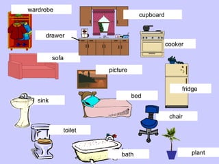cooker  sink  wardrobe  sofa  cupboard  fridge  bath  toilet picture  bed  chair  plant drawer  