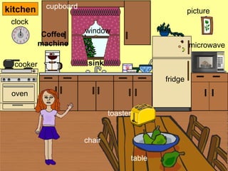 cupboard sink window cooker fridge microwave table chair toaster picture clock kitchen oven Coffee machine 