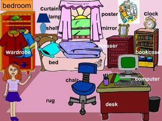 bed dresser c urtains w ardrobe lamp c lock b ookcase mirror poster desk chair computer rug bedroom shelf 