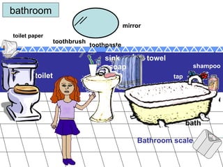 toilet sink towel mirror toilet paper soap shampoo toothpaste toothbrush bathroom tap bath Bathroom scale 