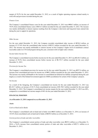 108
margin of 39.2% for the year ended December 31, 2012, as a result of higher operating expenses related mainly to
write-offs and provisions recorded during the year.
Finance Costs
The Company’s consolidated finance costs for the year ended December 31, 2013 were P406.5 million, an increase of
70.4% from consolidated finance costs of P216.3 million recorded for the year ended December 31, 2012. The increase
was mainly attributable to interest expense resulting from the Company’s short-term and long-term loans entered into
during the year to support its operations.
Other Income
For the year ended December 31, 2013, the Company recorded consolidated other income of P558.8 million, an
increase of 137.6% from the consolidated other income of P235.2 million recorded for the year ended December 31,
2012. The increase was mainly attributable to interest income on the Company’s higher level of installment contract
receivables under its CTS Gold program during the year, consistent with its higher sales volumes.
Income before Income Tax
The Company’s consolidated income before income tax for the year ended December 31, 2013 was P2,441.5 million, an
increase of 39.2% from consolidated income before income tax of P1,753.7 million recorded for the year ended
December 31, 2012.
Provision for Income Tax
The Company’s consolidated provision for income tax for the year ended December 31, 2013 was P257.8 million, an
increase from consolidated provision for income tax of P49.2 million recorded for the year ended December 31, 2012.
The increase was mainly attributable to the increase in consolidated net deferred tax liability recognized during the year
largely as a result of the belated Government approval of BOI accreditation for certain of the Company’s projects.
Net Income
As a result of the foregoing, the Company’s consolidated net income for the year ended December 31, 2013 was
P2,183.7 million, an increase of 28.1% from consolidated net income of P1,704.5 million recorded for the year ended
December 31, 2012. The Company’s consolidated net income margin for the year ended December 31, 2013 was 40%,
compared to a consolidated net income margin of 44% for the year ended December 31, 2012.
FINANCIAL POSITION
As at December 31, 2014 compared to as at December 31, 2013
Assets
Cash on Hand and in Banks
The Company’s consolidated cash on hand and in banks were P605.1million as at December 31, 2014, an increase of
143.0% from consolidated cash on hand and in banks of P249.0 million as at December 31, 2013.
Current portion of trade and other receivables
The Company’s consolidated current portion of trade and other receivables were P947.6 million as at December 31,
2014, a 76.4% increase from consolidated current portion of trade and other receivables of P537.1 million as at
December 31, 2013.
 