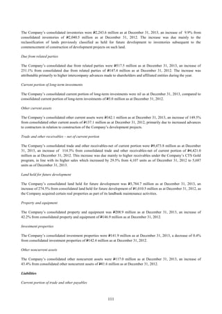111
The Company’s consolidated inventories were P2,243.6 million as at December 31, 2013, an increase of 9.9% from
consolidated inventories of P2,040.5 million as at December 31, 2012. The increase was due mainly to the
reclassification of lands previously classified as held for future development to inventories subsequent to the
commencement of construction of development projects on such land.
Due from related parties
The Company’s consolidated due from related parties were P517.5 million as at December 31, 2013, an increase of
251.1% from consolidated due from related parties of P147.4 million as at December 31, 2012. The increase was
attributable primarily to higher intercompany advances made to shareholders and affiliated entities during the year.
Current portion of long-term investments
The Company’s consolidated current portion of long-term investments were nil as at December 31, 2013, compared to
consolidated current portion of long-term investments of P3.0 million as at December 31, 2012.
Other current assets
The Company’s consolidated other current assets were P342.1 million as at December 31, 2013, an increase of 149.5%
from consolidated other current assets of P137.1 million as at December 31, 2012, primarily due to increased advances
to contractors in relation to construction of the Company’s development projects.
Trade and other receivables – net of current portion
The Company’s consolidated trade and other receivables-net of current portion were P9,473.8 million as at December
31, 2013, an increase of 114.3% from consolidated trade and other receivables-net of current portion of P4,421.0
million as at December 31, 2012. This increase was due mainly to higher receivables under the Company’s CTS Gold
program, in line with its higher sales which increased by 29.5% from 4,107 units as of December 31, 2012 to 5,687
units as of December 31, 2013.
Land held for future development
The Company’s consolidated land held for future development was P3,784.7 million as at December 31, 2013, an
increase of 274.5% from consolidated land held for future development of P1,010.5 million as at December 31, 2012, as
the Company acquired certain real properties as part of its landbank maintenance activities.
Property and equipment
The Company’s consolidated property and equipment was P208.9 million as at December 31, 2013, an increase of
42.2% from consolidated property and equipment of P146.9 million as at December 31, 2012.
Investment properties
The Company’s consolidated investment properties were P141.9 million as at December 31, 2013, a decrease of 0.4%
from consolidated investment properties of P142.4 million as at December 31, 2012.
Other noncurrent assets
The Company’s consolidated other noncurrent assets were P117.0 million as at December 31, 2013, an increase of
43.4% from consolidated other noncurrent assets of P81.6 million as at December 31, 2012.
Liabilities
Current portion of trade and other payables
 
