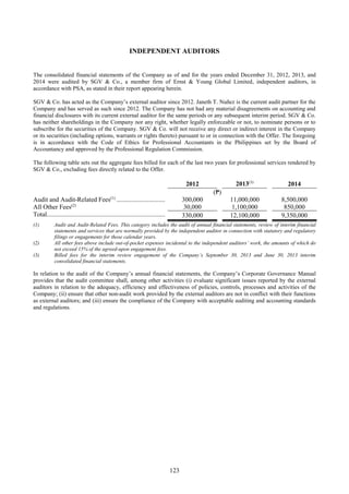 123
INDEPENDENT AUDITORS
The consolidated financial statements of the Company as of and for the years ended December 31, 2012, 2013, and
2014 were audited by SGV & Co., a member firm of Ernst & Young Global Limited, independent auditors, in
accordance with PSA, as stated in their report appearing herein.
SGV & Co. has acted as the Company’s external auditor since 2012. Janeth T. Nuñez is the current audit partner for the
Company and has served as such since 2012. The Company has not had any material disagreements on accounting and
financial disclosures with its current external auditor for the same periods or any subsequent interim period. SGV & Co.
has neither shareholdings in the Company nor any right, whether legally enforceable or not, to nominate persons or to
subscribe for the securities of the Company. SGV & Co. will not receive any direct or indirect interest in the Company
or its securities (including options, warrants or rights thereto) pursuant to or in connection with the Offer. The foregoing
is in accordance with the Code of Ethics for Professional Accountants in the Philippines set by the Board of
Accountancy and approved by the Professional Regulation Commission.
The following table sets out the aggregate fees billed for each of the last two years for professional services rendered by
SGV & Co., excluding fees directly related to the Offer.
2012 2013(3)
2014
(₱)
Audit and Audit-Related Fees(1)
....................................................300,000 11,000,000 8,500,000
All Other Fees(2)
30,000 1,100,000 850,000
Total...............................................................................................330,000 12,100,000 9,350,000
(1) Audit and Audit-Related Fees. This category includes the audit of annual financial statements, review of interim financial
statements and services that are normally provided by the independent auditor in connection with statutory and regulatory
filings or engagements for those calendar years.
(2) All other fees above include out-of-pocket expenses incidental to the independent auditors’ work, the amounts of which do
not exceed 15% of the agreed-upon engagement fees.
(3) Billed fees for the interim review engagement of the Company’s September 30, 2013 and June 30, 2013 interim
consolidated financial statements.
In relation to the audit of the Company’s annual financial statements, the Company’s Corporate Governance Manual
provides that the audit committee shall, among other activities (i) evaluate significant issues reported by the external
auditors in relation to the adequacy, efficiency and effectiveness of policies, controls, processes and activities of the
Company; (ii) ensure that other non-audit work provided by the external auditors are not in conflict with their functions
as external auditors; and (iii) ensure the compliance of the Company with acceptable auditing and accounting standards
and regulations.
 