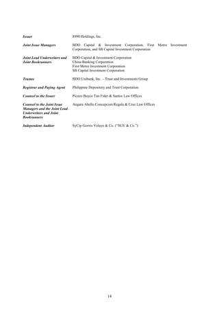 14
Issuer 8990 Holdings, Inc.
Joint Issue Managers BDO Capital & Investment Corporation, First Metro Investment
Corporation, and SB Capital Investment Corporation
Joint Lead Underwriters and
Joint Bookrunners
BDO Capital & Investment Corporation
China Banking Corporation
First Metro Investment Corporation
SB Capital Investment Corporation
Trustee BDO Unibank, Inc. – Trust and Investments Group
Registrar and Paying Agent Philippine Depository and Trust Corporation
Counsel to the Issuer Picazo Buyco Tan Fider & Santos Law Offices
Counsel to the Joint Issue
Managers and the Joint Lead
Underwriters and Joint
Bookrunners
Angara Abello Concepcion Regala & Cruz Law Offices
Independent Auditor SyCip Gorres Velayo & Co. (“SGV & Co.”)
 