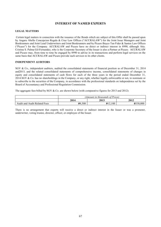 67
INTEREST OF NAMED EXPERTS
LEGAL MATTERS
Certain legal matters in connection with the issuance of the Bonds which are subject of this Offer shall be passed upon
by Angara Abello Concepcion Regala & Cruz Law Offices (“ACCRALAW”) for the Joint Issue Managers and Joint
Bookrunners and Joint Lead Underwriters and Joint Bookrunners and by Picazo Buyco Tan Fider & Santos Law Offices
(“Picazo”) for the Company. ACCRALAW and Picazo have no direct or indirect interest in 8990, although Atty.
Cristina S. Palma Gil-Fernandez, who is the Corporate Secretary of the Issuer is also a Partner at Picazo. ACCRALAW
and Picazo may, from time to time be engaged by 8990 to advise in its transactions and perform legal services on the
same basis that ACCRALAW and Picazo provide such services to its other clients.
INDEPENDENT AUDITORS
SGV & Co., independent auditors, audited the consolidated statements of financial position as of December 31, 2014
and2013, and the related consolidated statements of comprehensive income, consolidated statements of changes in
equity and consolidated statements of cash flows for each of the three years in the period ended December 31,
2014.SGV & Co. has no shareholdings in the Company, or any right, whether legally enforceable or not, to nominate or
to subscribe to the securities of the Company, in accordance with the professional standards on independence set by the
Board of Accountancy and Professional Regulation Commission.
The aggregate fees billed by SGV & Co. are shown below (with comparative figures for 2013 and 2012):
(Amount in thousands of Pesos)
2014 2013 2012
Audit and Audit Related Fees P8,500 P12,100 P330,000
There is no arrangement that experts will receive a direct or indirect interest in the Issuer or was a promoter,
underwriter, voting trustee, director, officer, or employee of the Issuer.
 