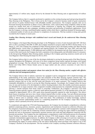 69
approximately 6.3 million units, largely driven by the demand for Mass Housing units at approximately 4.8 million
units.
The Company believes that it is squarely positioned to capitalize on the existing housing need and growing demand for
Mass Housing in the Philippines. This is borne out by the Company’s attractive business model of quick construction
and roll-out of quality finished houses with affordable monthly amortizations. The Company typically rolls out its
horizontal housing developments in phases of up to 200 houses, with a typical phase being completely rolled out after
around two months from start of construction. While construction is ongoing, the Company also simultaneously
conducts its marketing and sales campaigns, including reservation and processing of homebuyer applications. Given
that the Company is serving a need-based market segment within which there is significant demand for housing supply,
a substantial number of units are pre-sold prior to completion of construction. This has resulted in strong sales growth
recorded by the Company in recent years.
Leading Mass Housing developer with established track record and brands for the underserved Mass Housing
segment.
The Company is the largest Mass Housing developer in the Philippines in terms of units licensed under B.P. 220 from
2011 to 2013, according to HLURB. In 2003, the Company launched its projects under the DECA Homes brand. As of
March 31, 2015, the Company has completed 24 Mass Housing projects and is developing another nine Mass Housing
and MRB projects. Across these 24 completed and ongoing projects, the Company has, since 2003, sold more than
28,000 units, with approximately 21,000 additional units available for development and sale from ongoing projects. As
a result of this track record, the Company has built a reputation of providing quality and affordable homes to consumers
in the fast-growing Philippine Mass Housing market, resulting in the Company garnering numerous awards such as Q
Asia Magazine’s Best Housing Developer for 2012 to 2013.
The Company believes that it is one of the few developers dedicated to serving the housing needs of the Mass Housing
segment throughout the Philippines, with most of its direct competitors being smaller regional developers with limited
geographical coverage. This has allowed the Company to build significant nationwide brand equity for its DECA
Homes and Urban DECA Homes brands across its target market and also achieve economies of scale from its
operations.
Customer-focused product and payment scheme best suited for the Mass Housing market, coupled with effective
collection and risk management policies.
The Company believes that its industry experience has equipped it and its management with in-depth knowledge and
understanding of the needs, preferences, means and constraints of the Mass Housing segment customer base. The
Company continuously undertakes demographic analysis of its customer base, which helps in developing products and
payment schemes that are in line with the needs and lifestyles of its target customers. The Company believes that
sustainable affordability is critical in serving the Mass Housing segment. Accordingly, the Company tailors the house
area, lot area and locations of its developments to deliver housing products where the monthly amortization payments
are affordable for its target customers when compared to monthly rental payments for comparable housing units, hence
allowing a smooth transition from home rental to ownership. Furthermore, the Company’s innovative CTS Gold
financing program typically requires a relatively small upfront payment (normally 2% of the purchase price of the unit,
compared to approximately 10% to 20% equity down payment generally required by other developers). This allows
home buyers to purchase and move into a house without material effect on their savings. Fast and efficient processing
under the CTS Gold financing program, combined with the Company's pre-cast construction process, translates into the
ability to deliver units to customers within a short time frame. This combination of market knowledge, technical
expertise and customer understanding results in a compelling proposition for the Company’s target Mass Housing
segment, which is primarily driven by end-user demand.
To complement and support the CTS Gold financing program, the Company has developed a comprehensive collection
platform comprising policies, structures, systems, organizations and mechanisms focused on collection efficiency and
the mitigation of payment delinquency. The Company proactively approaches customer credit management, beginning
at the point prior to actual sale by conducting in-house seminars/lectures covering key topics related to purchasing a
housing unit such as documentary requirements, payment structure and credit and legal obligations connected with the
housing unit purchase. The Company has also implemented a comprehensive credit verification process for all potential
buyers looking to purchase housing units under the in-house CTS Gold program, which includes a rigorous and
systematic documentation approval process. In addition, the Company is able to leverage on its previous experience as
collection agent for Pag-IBIG in formulating and implementing highly effective collection processes, including
discontinuing the supply of certain utilities to the unit and/or disallowing certain privileges with respect to use of the
Company’s facilities in the developments. This has resulted in the Company recording estimated collection efficiency
 