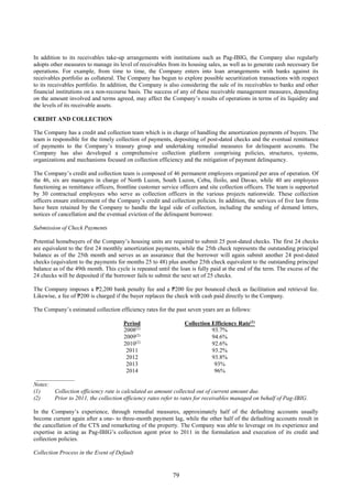 79
In addition to its receivables take-up arrangements with institutions such as Pag-IBIG, the Company also regularly
adopts other measures to manage its level of receivables from its housing sales, as well as to generate cash necessary for
operations. For example, from time to time, the Company enters into loan arrangements with banks against its
receivables portfolio as collateral. The Company has begun to explore possible securitization transactions with respect
to its receivables portfolio. In addition, the Company is also considering the sale of its receivables to banks and other
financial institutions on a non-recourse basis. The success of any of these receivable management measures, depending
on the amount involved and terms agreed, may affect the Company’s results of operations in terms of its liquidity and
the levels of its receivable assets.
CREDIT AND COLLECTION
The Company has a credit and collection team which is in charge of handling the amortization payments of buyers. The
team is responsible for the timely collection of payments, depositing of post-dated checks and the eventual remittance
of payments to the Company’s treasury group and undertaking remedial measures for delinquent accounts. The
Company has also developed a comprehensive collection platform comprising policies, structures, systems,
organizations and mechanisms focused on collection efficiency and the mitigation of payment delinquency.
The Company’s credit and collection team is composed of 46 permanent employees organized per area of operation. Of
the 46, six are managers in charge of North Luzon, South Luzon, Cebu, Iloilo, and Davao, while 40 are employees
functioning as remittance officers, frontline customer service officers and site collection officers. The team is supported
by 30 contractual employees who serve as collection officers in the various projects nationwide. These collection
officers ensure enforcement of the Company’s credit and collection policies. In addition, the services of five law firms
have been retained by the Company to handle the legal side of collection, including the sending of demand letters,
notices of cancellation and the eventual eviction of the delinquent borrower.
Submission of Check Payments
Potential homebuyers of the Company’s housing units are required to submit 25 post-dated checks. The first 24 checks
are equivalent to the first 24 monthly amortization payments, while the 25th check represents the outstanding principal
balance as of the 25th month and serves as an assurance that the borrower will again submit another 24 post-dated
checks (equivalent to the payments for months 25 to 48) plus another 25th check equivalent to the outstanding principal
balance as of the 49th month. This cycle is repeated until the loan is fully paid at the end of the term. The excess of the
24 checks will be deposited if the borrower fails to submit the next set of 25 checks.
The Company imposes a ₱2,200 bank penalty fee and a ₱200 fee per bounced check as facilitation and retrieval fee.
Likewise, a fee of ₱200 is charged if the buyer replaces the check with cash paid directly to the Company.
The Company’s estimated collection efficiency rates for the past seven years are as follows:
Period Collection Efficiency Rate(1)
2008(2)
93.7%
2009(2)
94.6%
2010(2)
92.6%
2011 93.2%
2012 93.8%
2013 93%
2014 96%
_____________
Notes:
(1) Collection efficiency rate is calculated as amount collected out of current amount due.
(2) Prior to 2011, the collection efficiency rates refer to rates for receivables managed on behalf of Pag-IBIG.
In the Company’s experience, through remedial measures, approximately half of the defaulting accounts usually
become current again after a one- to three-month payment lag, while the other half of the defaulting accounts result in
the cancellation of the CTS and remarketing of the property. The Company was able to leverage on its experience and
expertise in acting as Pag-IBIG’s collection agent prior to 2011 in the formulation and execution of its credit and
collection policies.
Collection Process in the Event of Default
 
