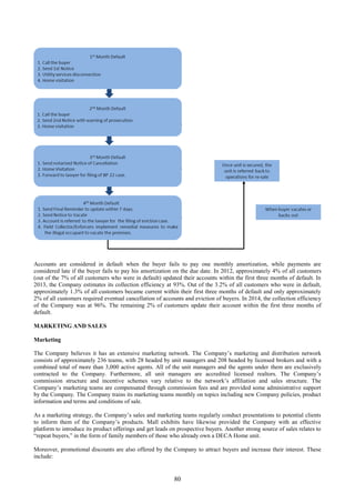 80
Accounts are considered in default when the buyer fails to pay one monthly amortization, while payments are
considered late if the buyer fails to pay his amortization on the due date. In 2012, approximately 4% of all customers
(out of the 7% of all customers who were in default) updated their accounts within the first three months of default. In
2013, the Company estimates its collection efficiency at 93%. Out of the 3.2% of all customers who were in default,
approximately 1.3% of all customers became current within their first three months of default and only approximately
2% of all customers required eventual cancellation of accounts and eviction of buyers. In 2014, the collection efficiency
of the Company was at 96%. The remaining 2% of customers update their account within the first three months of
default.
MARKETING AND SALES
Marketing
The Company believes it has an extensive marketing network. The Company’s marketing and distribution network
consists of approximately 236 teams, with 28 headed by unit managers and 208 headed by licensed brokers and with a
combined total of more than 3,000 active agents. All of the unit managers and the agents under them are exclusively
contracted to the Company. Furthermore, all unit managers are accredited licensed realtors. The Company’s
commission structure and incentive schemes vary relative to the network’s affiliation and sales structure. The
Company’s marketing teams are compensated through commission fees and are provided some administrative support
by the Company. The Company trains its marketing teams monthly on topics including new Company policies, product
information and terms and conditions of sale.
As a marketing strategy, the Company’s sales and marketing teams regularly conduct presentations to potential clients
to inform them of the Company’s products. Mall exhibits have likewise provided the Company with an effective
platform to introduce its product offerings and get leads on prospective buyers. Another strong source of sales relates to
“repeat buyers,” in the form of family members of those who already own a DECA Home unit.
Moreover, promotional discounts are also offered by the Company to attract buyers and increase their interest. These
include:
 