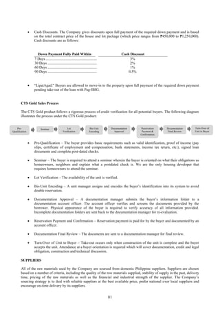 81
 Cash Discounts. The Company gives discounts upon full payment of the required down payment and is based
on the total contract price of the house and lot package (which price ranges from ₱450,000 to ₱1,250,000).
Cash discounts are as follows:
Down Payment Fully Paid Within Cash Discount
7 Days .......................................................... 3%
30 Days ........................................................ 2%
60 Days ........................................................ 1%
90 Days ........................................................ 0.5%
 “LipatAgad.” Buyers are allowed to move-in to the property upon full payment of the required down payment
pending take-out of the loan with Pag-IBIG.
CTS Gold Sales Process
The CTS Gold product follows a rigorous process of credit verification for all potential buyers. The following diagram
illustrates the process under the CTS Gold product:
 Pre-Qualification – The buyer provides basic requirements such as valid identification, proof of income (pay
slips, certificate of employment and compensation, bank statements, income tax return, etc.), signed loan
documents and complete post-dated checks.
 Seminar – The buyer is required to attend a seminar wherein the buyer is oriented on what their obligations as
homeowners, neighbors and explain what a postdated check is. We are the only housing developer that
requires homeowners to attend the seminar.
 Lot Verification – The availability of the unit is verified.
 Bis-Unit Encoding – A unit manager assigns and encodes the buyer’s identification into its system to avoid
double reservation.
 Documentation Approval – A documentation manager submits the buyer’s information folder to a
documentation account officer. The account officer verifies and screens the documents provided by the
borrower. Physical appearance of the buyer is required to verify accuracy of all information provided.
Incomplete documentation folders are sent back to the documentation manager for re-evaluation.
 Reservation Payment and Confirmation – Reservation payment is paid for by the buyer and documented by an
account officer.
 Documentation Final Review – The documents are sent to a documentation manager for final review.
 Turn-Over of Unit to Buyer – Take-out occurs only when construction of the unit is complete and the buyer
accepts the unit. Attendance at a buyer orientation is required which will cover documentation, credit and legal
obligation, construction and technical discussion.
SUPPLIERS
All of the raw materials used by the Company are sourced from domestic Philippine suppliers. Suppliers are chosen
based on a number of criteria, including the quality of the raw materials supplied, stability of supply in the past, delivery
time, pricing of the raw materials as well as the financial and industrial strength of the supplier. The Company’s
sourcing strategy is to deal with reliable suppliers at the best available price, prefer national over local suppliers and
encourage on-time delivery by its suppliers.
Pre-
Qualification
Lot
Verification
Bis-Unit
Encoding
Documentation
Approval
Reservation
Payment &
Confirmation
Documentation
Final Review
Turn-Over of
Unit to Buyer
Seminar
 