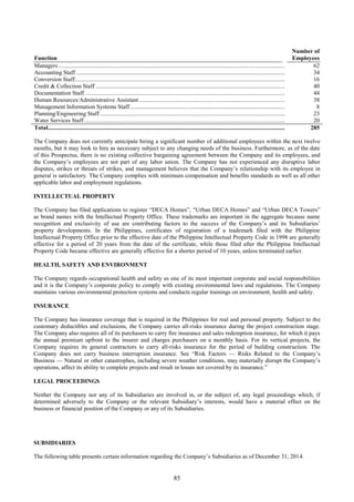 85
Function
Number of
Employees
Managers........................................................................................................................................................... 62
Accounting Staff ............................................................................................................................................... 34
Conversion Staff................................................................................................................................................ 16
Credit & Collection Staff .................................................................................................................................. 40
Documentation Staff ......................................................................................................................................... 44
Human Resources/Administrative Assistant ..................................................................................................... 38
Management Information Systems Staff ........................................................................................................... 8
Planning/Engineering Staff ............................................................................................................................... 23
Water Services Staff.......................................................................................................................................... 20
Total.................................................................................................................................................................. 285
The Company does not currently anticipate hiring a significant number of additional employees within the next twelve
months, but it may look to hire as necessary subject to any changing needs of the business. Furthermore, as of the date
of this Prospectus, there is no existing collective bargaining agreement between the Company and its employees, and
the Company’s employees are not part of any labor union. The Company has not experienced any disruptive labor
disputes, strikes or threats of strikes, and management believes that the Company’s relationship with its employee in
general is satisfactory. The Company complies with minimum compensation and benefits standards as well as all other
applicable labor and employment regulations.
INTELLECTUAL PROPERTY
The Company has filed applications to register “DECA Homes”, “Urban DECA Homes” and “Urban DECA Towers”
as brand names with the Intellectual Property Office. These trademarks are important in the aggregate because name
recognition and exclusivity of use are contributing factors to the success of the Company’s and its Subsidiaries’
property developments. In the Philippines, certificates of registration of a trademark filed with the Philippine
Intellectual Property Office prior to the effective date of the Philippine Intellectual Property Code in 1998 are generally
effective for a period of 20 years from the date of the certificate, while those filed after the Philippine Intellectual
Property Code became effective are generally effective for a shorter period of 10 years, unless terminated earlier.
HEALTH, SAFETY AND ENVIRONMENT
The Company regards occupational health and safety as one of its most important corporate and social responsibilities
and it is the Company’s corporate policy to comply with existing environmental laws and regulations. The Company
maintains various environmental protection systems and conducts regular trainings on environment, health and safety.
INSURANCE
The Company has insurance coverage that is required in the Philippines for real and personal property. Subject to the
customary deductibles and exclusions, the Company carries all-risks insurance during the project construction stage.
The Company also requires all of its purchasers to carry fire insurance and sales redemption insurance, for which it pays
the annual premium upfront to the insurer and charges purchasers on a monthly basis. For its vertical projects, the
Company requires its general contractors to carry all-risks insurance for the period of building construction. The
Company does not carry business interruption insurance. See “Risk Factors — Risks Related to the Company’s
Business — Natural or other catastrophes, including severe weather conditions, may materially disrupt the Company’s
operations, affect its ability to complete projects and result in losses not covered by its insurance.”
LEGAL PROCEEDINGS
Neither the Company nor any of its Subsidiaries are involved in, or the subject of, any legal proceedings which, if
determined adversely to the Company or the relevant Subsidiary’s interests, would have a material effect on the
business or financial position of the Company or any of its Subsidiaries.
SUBSIDIARIES
The following table presents certain information regarding the Company’s Subsidiaries as of December 31, 2014.
 