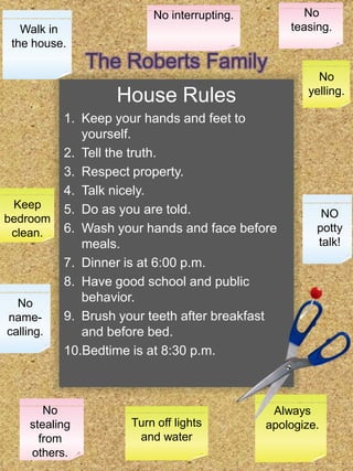No teasing.<br />No interrupting.<br />Walk in the house.<br />The Roberts Family<br />No yelling.<br />House Rules<br />K...