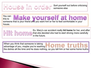 Sort yourself out before criticising
                                                  someone else


You can
this to
someone that is your friend and you want him or her to feel comfortable in your
house.

                             Ex. Mary’s car accident really hit home for her, and after
                             that she decided she had to start driving more carefully
                             in the future.


When you think that someone is taking
advantage of you, maybe you’re washing
the dishes all the time and he does nothing, so you tell him or her some home truths.
 