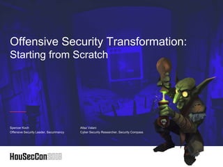 Offensive Security Transformation:
Starting from Scratch
Spencer Koch
Offensive Security Leader, Securimancy
Altaz Valani
Cyber Security Researcher, Security Compass
 