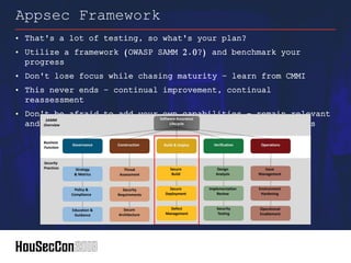 • That's a lot of testing, so what's your plan?
• Utilize a framework (OWASP SAMM 2.0?) and benchmark your
progress
• Don't lose focus while chasing maturity – learn from CMMI
• This never ends – continual improvement, continual
reassessment
• Don't be afraid to add your own capabilities – remain relevant
and look for what's critical for assurance to your business
Appsec Framework
 