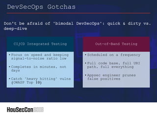 Don't be afraid of "bimodal DevSecOps": quick & dirty vs.
deep-dive
DevSecOps Gotchas
CI/CD Integrated Testing
•Focus on speed and keeping
signal-to-noise ratio low
•Completes in minutes, not
days
•Catch "heavy hitting" vulns
(OWASP Top 10)
Out-of-Band Testing
•Scheduled on a frequency
•Full code base, full URI
path, full everything
•Appsec engineer prunes
false positives
 