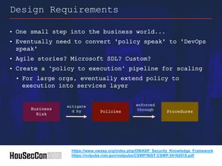 • One small step into the business world...
• Eventually need to convert 'policy speak' to 'DevOps
speak'
• Agile stories? Microsoft SDL? Custom?
• Create a "policy to execution" pipeline for scaling
• For large orgs, eventually extend policy to
execution into services layer
Design Requirements
Business
Risk
Policies
mitigate
d by Procedures
enforced
through
https://www.owasp.org/index.php/OWASP_Security_Knowledge_Framework
https://nvlpubs.nist.gov/nistpubs/CSWP/NIST.CSWP.04162018.pdf
 