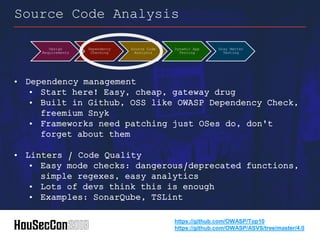 • Dependency management
• Start here! Easy, cheap, gateway drug
• Built in Github, OSS like OWASP Dependency Check,
freemium Snyk
• Frameworks need patching just OSes do, don't
forget about them
• Linters / Code Quality
• Easy mode checks: dangerous/deprecated functions,
simple regexes, easy analytics
• Lots of devs think this is enough
• Examples: SonarQube, TSLint
Source Code Analysis
https://github.com/OWASP/Top10
https://github.com/OWASP/ASVS/tree/master/4.0
Design
Requirements
Dependency
Checking
Source Code
Analysis
Dynamic App
Testing
Gray Matter
Testing
 